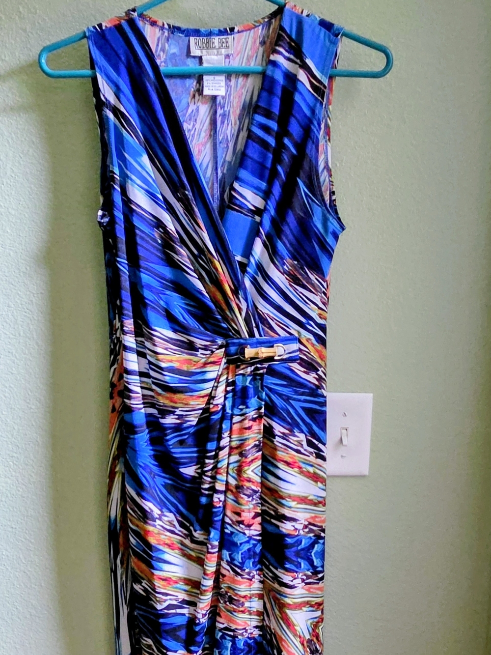 Robbie Bee Blue Multicolor Abstract Sleeveless Wrap Dress
